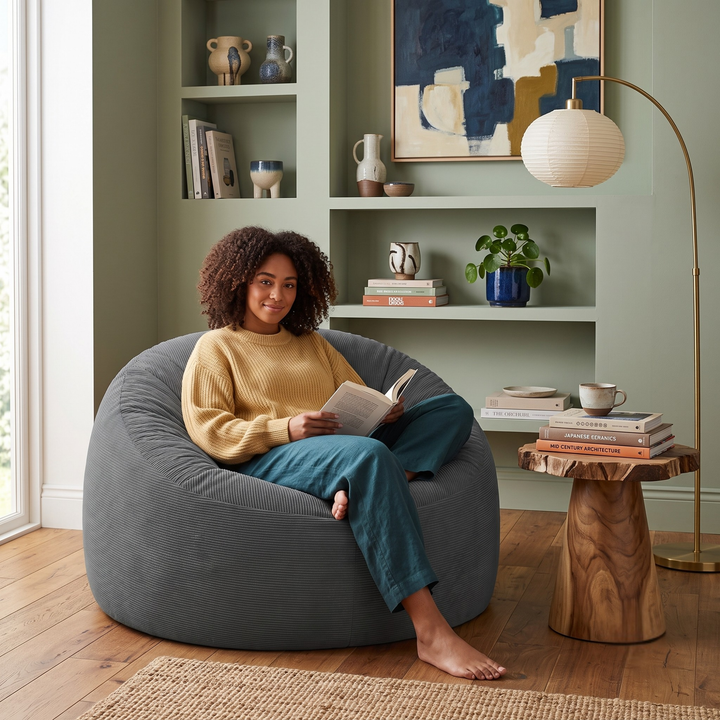 Personne assise sur un pouf déhoussable 100 cm en velours côtelé, dans un salon.