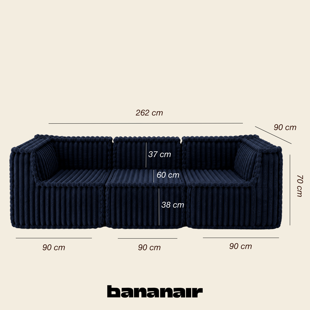 Canapé modulable déhoussable bleu, schéma avec dimensions 262×90×70 cm.