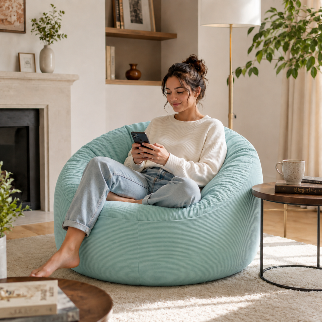 Personne assise dans un pouf rond en velours côtelé, dans un salon