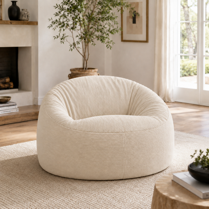 Pouf déhoussable rond en velours côtelé écru, vue en intérieur