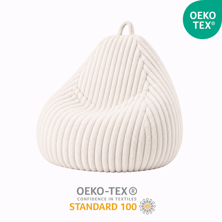 Pouf poire déhoussable en fourrure côtelée, marquage OEKO-TEX Standard.