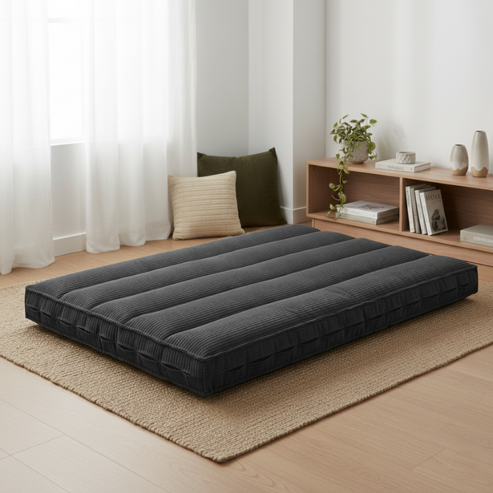 Futon déhoussable gris foncé, housse velours côtelé et finitions sur les côtés.