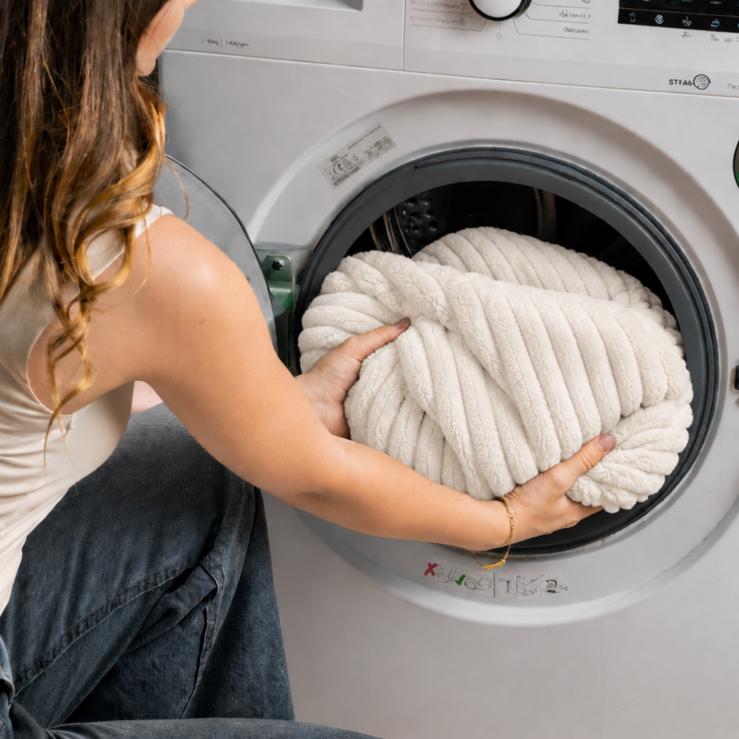 Housse amovible de pouf poire fourrure côtelée placée dans un lave-linge