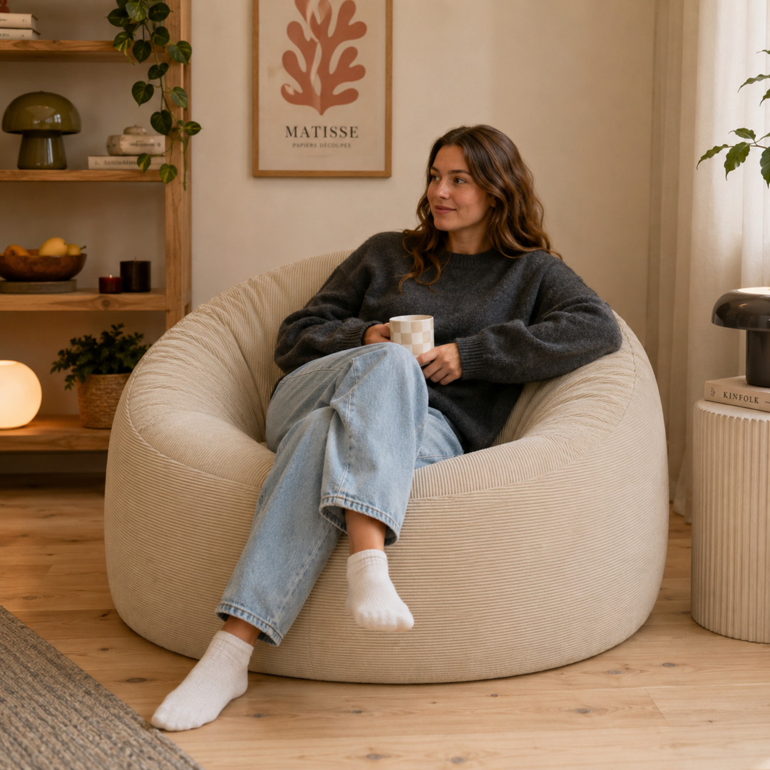 Personne assise sur un pouf déhoussable 100 cm en velours côtelé, dans un salon.