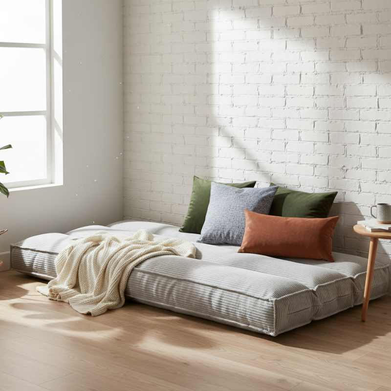 Futon déhoussable gris clair, housse en velours côtelé