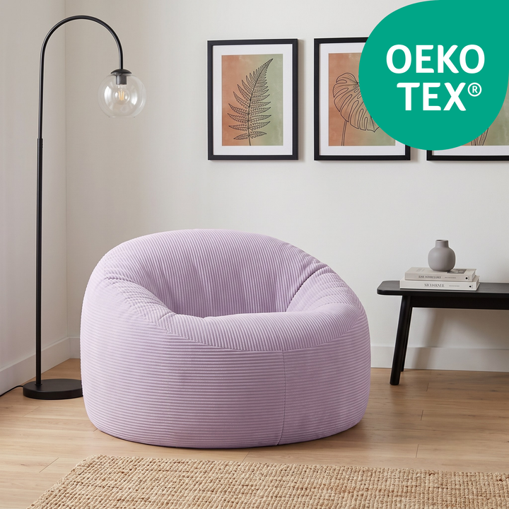Pouf déhoussable en velours côtelé épais violet, forme arrondie, assise creuse, tissu OEKO-TEX.