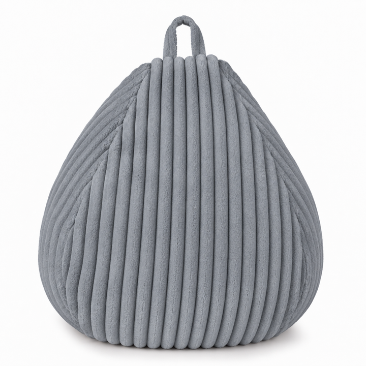 Pouf poire gris foncé en fourrure côtelée, grand format, poignée sur le dessus.