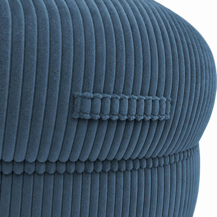 Gros plan sur la poignée du pouf XXL, tissu en velours côtelé.