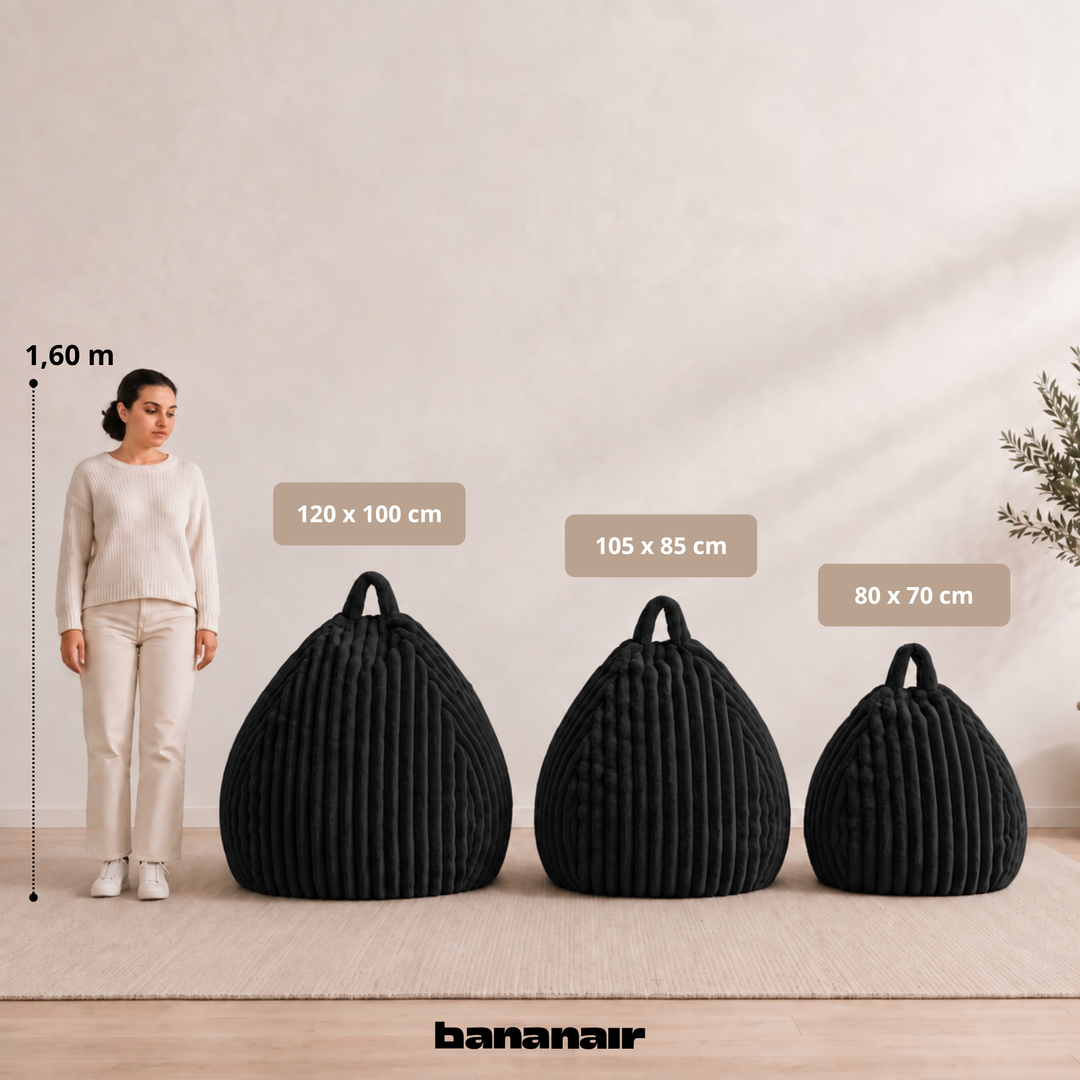 Ensemble de poufs poires fourrure côtelée déhoussables avec tailles visibles: 80x70, 105x85, 120x100 cm