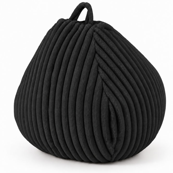 Pouf poire noir fourrure côtelée avec anse, relief en lignes