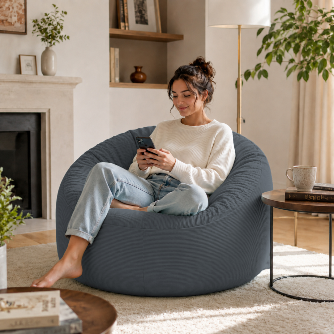 Personne assise dans un pouf rond en velours côtelé, dans un salon