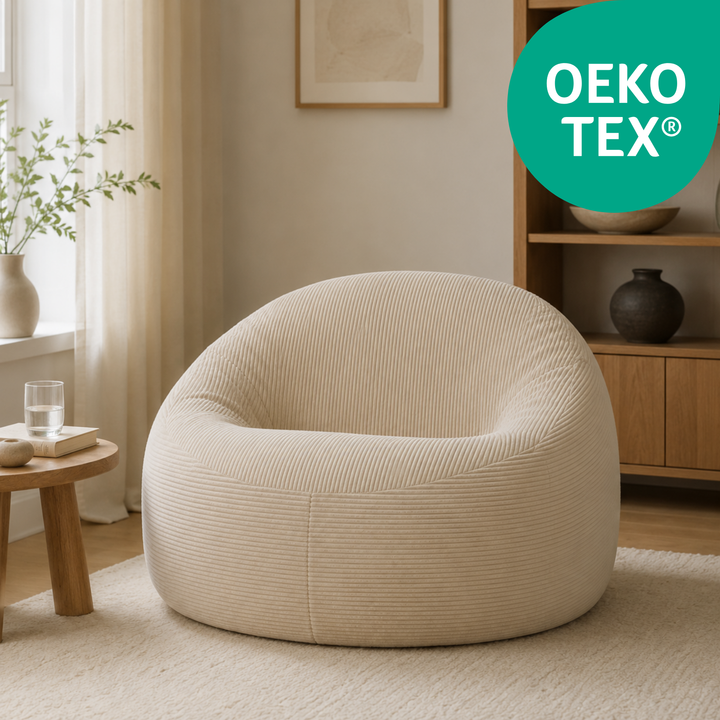 Pouf déhoussable en velours côtelé épais beige clair, grand volume, assise profonde