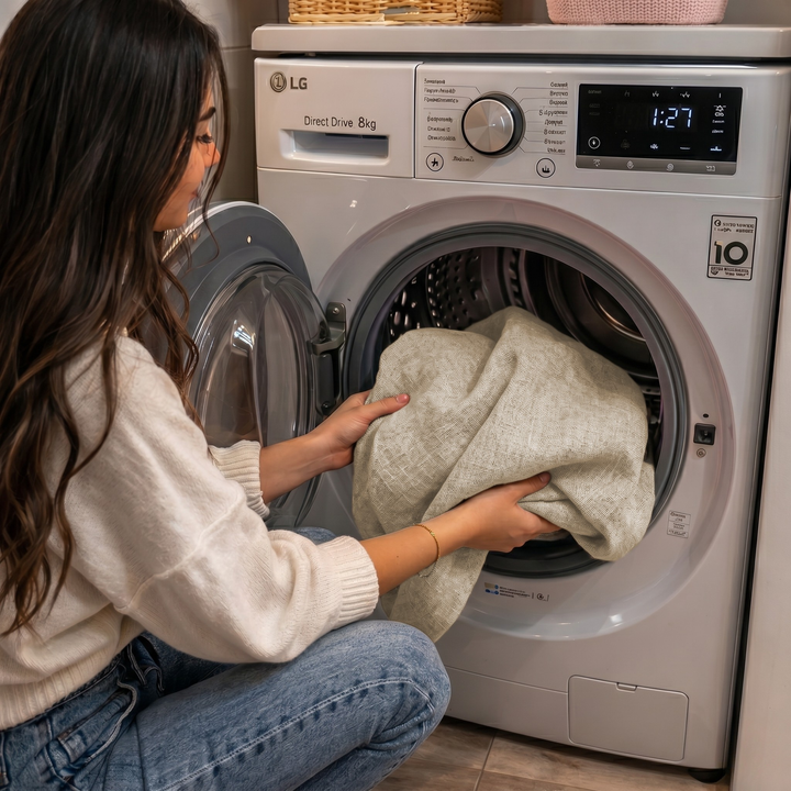 Housse de coussin de bain de soleil beige mise dans une machine à laver