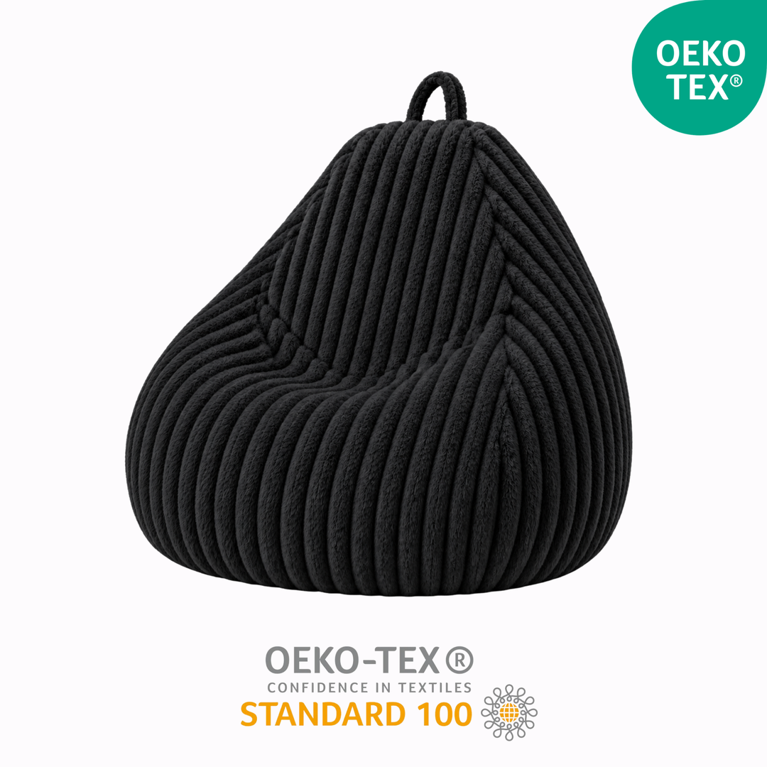 Pouf poire déhoussable en fourrure côtelée, marquage OEKO-TEX Standard.