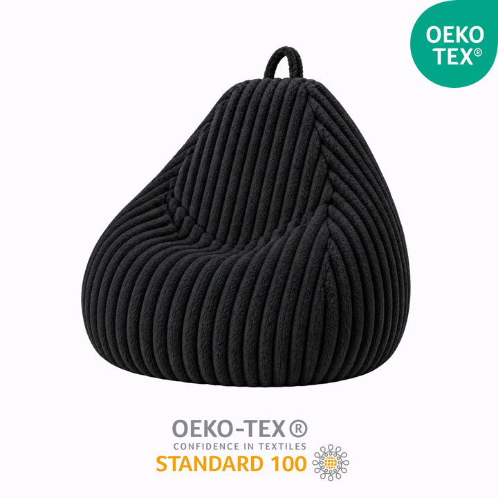 Pouf poire déhoussable en fourrure côtelée, marquage OEKO-TEX Standard.