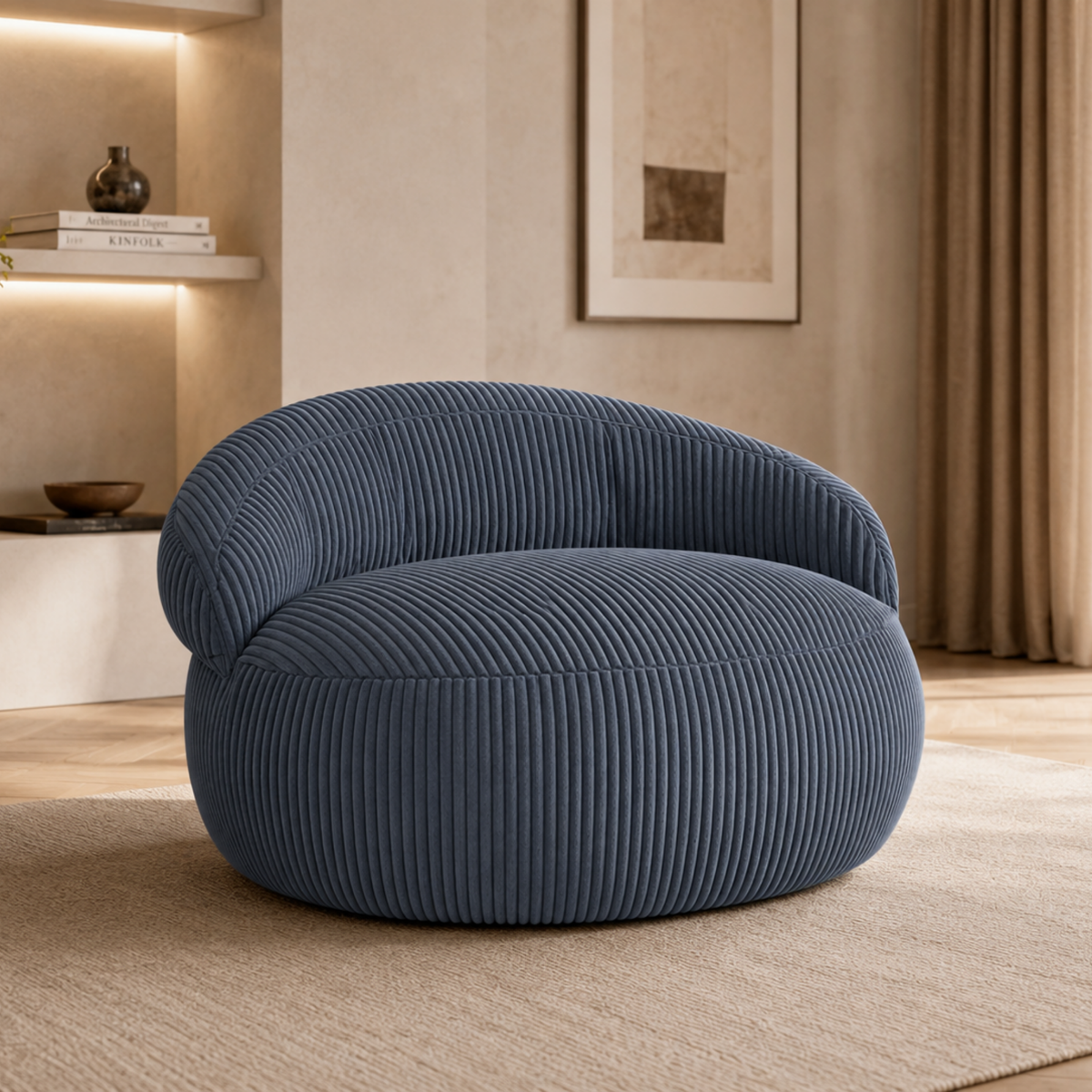 Pouf XXL déhoussable en velours côtelé, forme arrondie, dans un salon