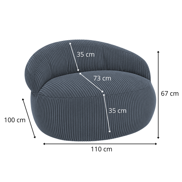 Pouf XXL déhoussable en velours côtelé bleu foncé avec dimensions (110 x 100 cm).
