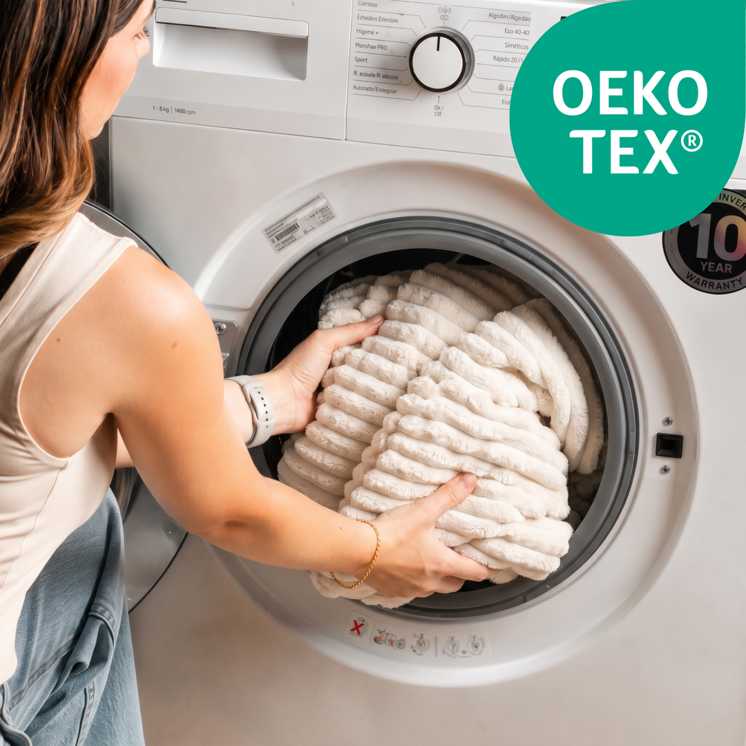 Housse amovible en velours côtelé blanc cassé, placé dans la machine à laver, marquage OEKO-TEX