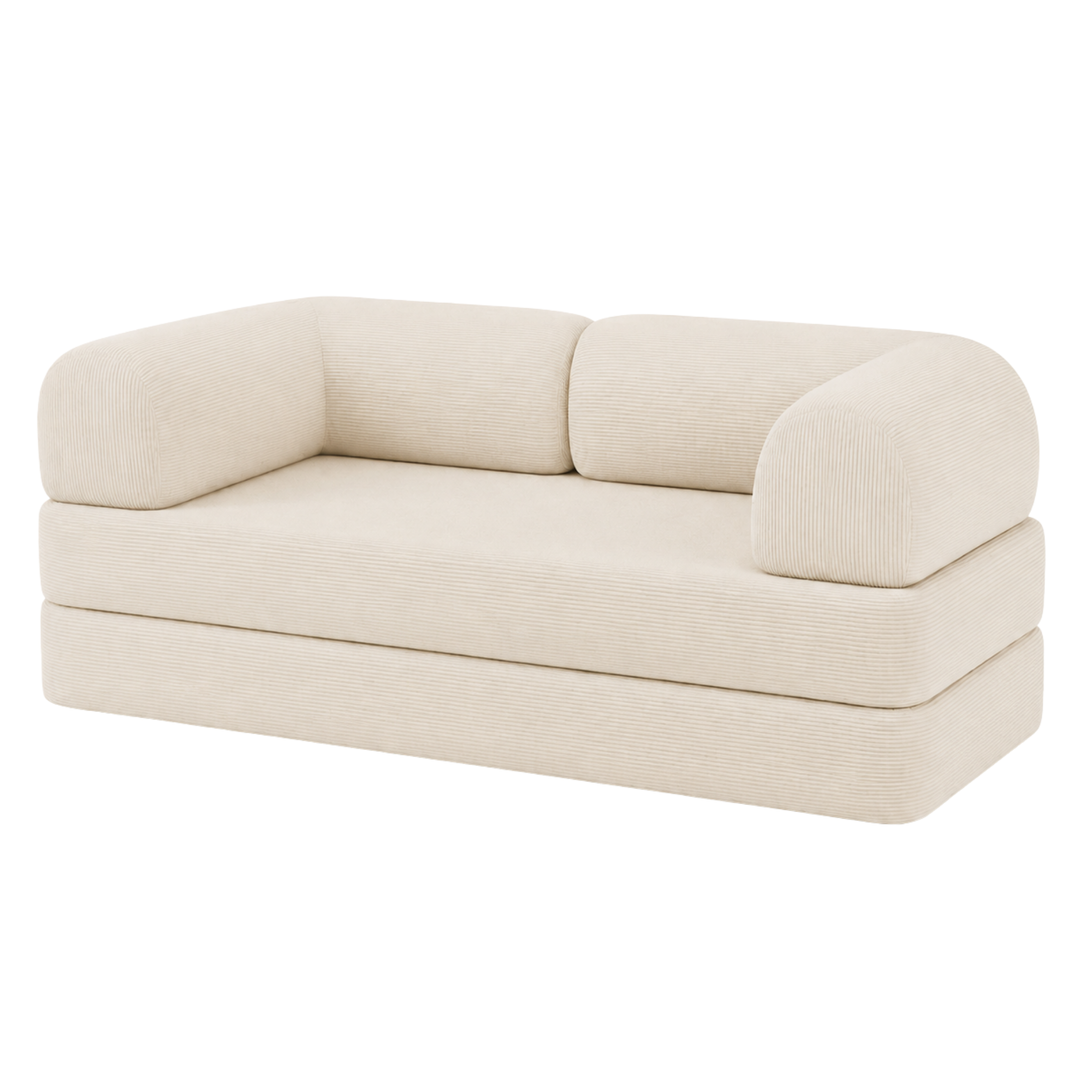 Canapé-lit 2 places en velours côtelé écru, vue de trois quart