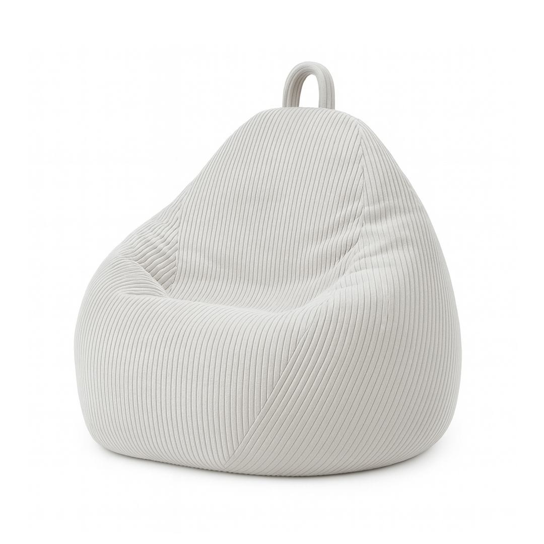 Pouf poire déhoussable en velours côtelé gris clair, forme poire rembourrée avec poignée