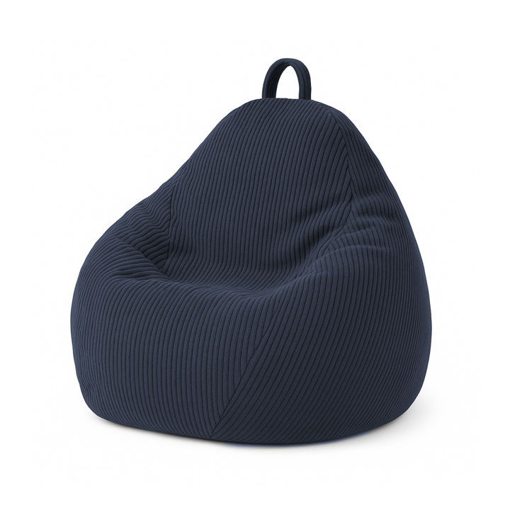 Pouf poire déhoussable en velours côtelé bleu foncé, forme poire rembourrée avec poignée