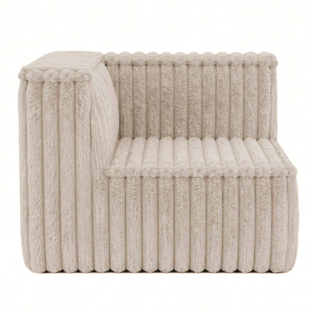 Module d’angle gauche pour canapé modulable déhoussable en fourrure côtelée beige, forme compacte.