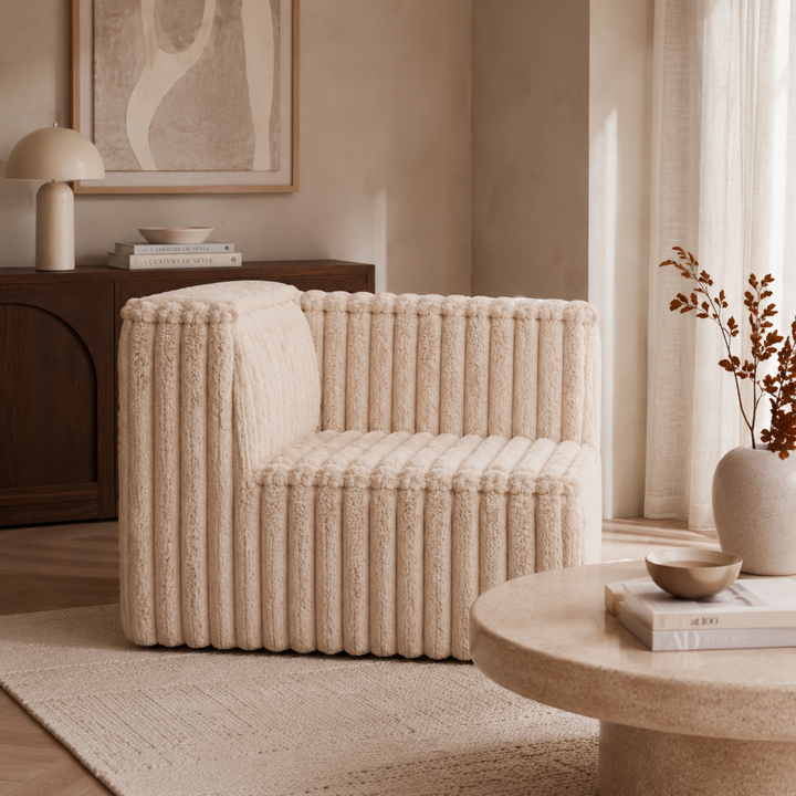 Module d’angle gauche pour canapé modulable déhoussable en fourrure côtelée beige, vue en intérieur