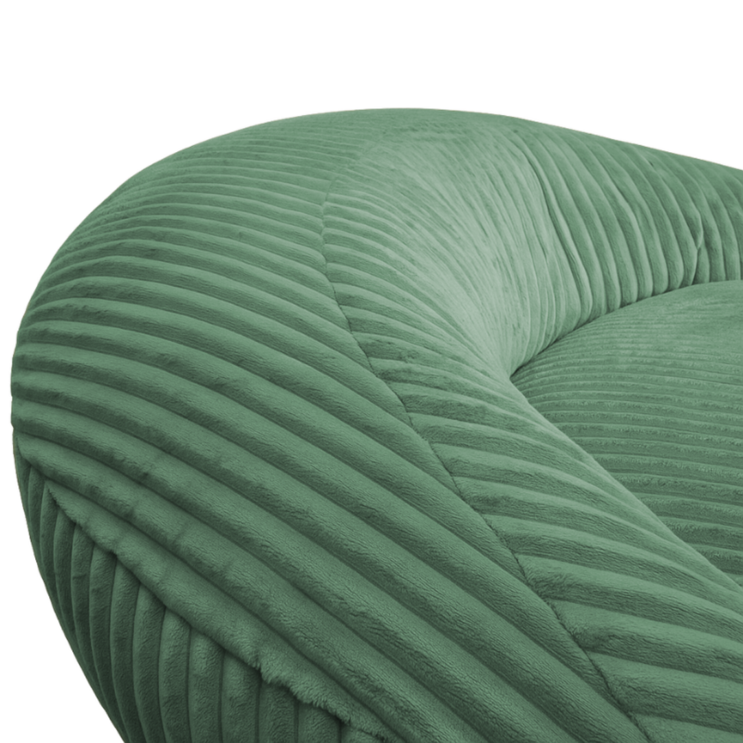 Gros plan sur le dossier arrondi du pouf XXL, tissu en velours côtelé.
