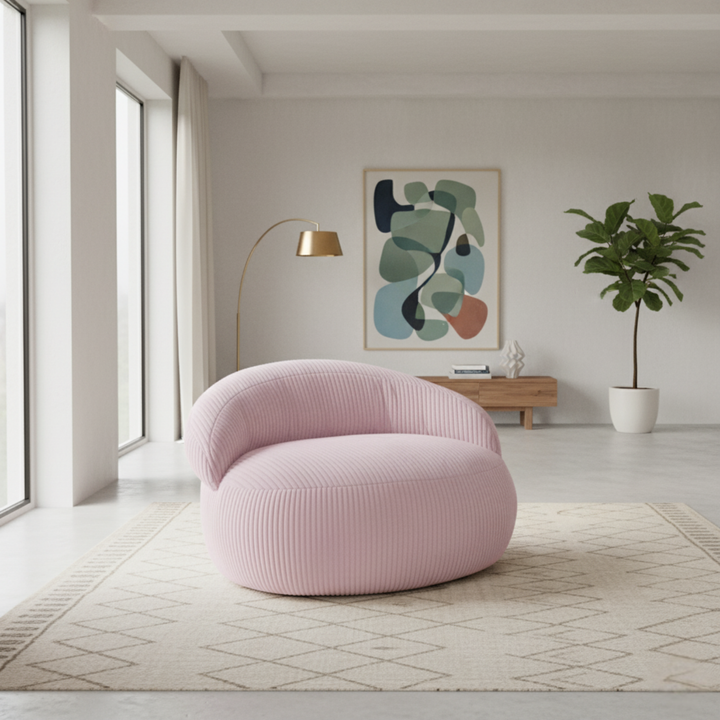 Pouf XXL déhoussable en velours côtelé, forme arrondie, dans un salon