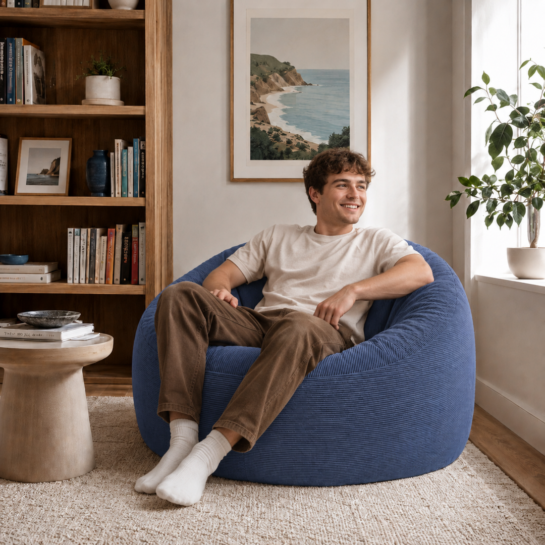 Personne assise sur un pouf déhoussable 100 cm en velours côtelé, dans un salon.