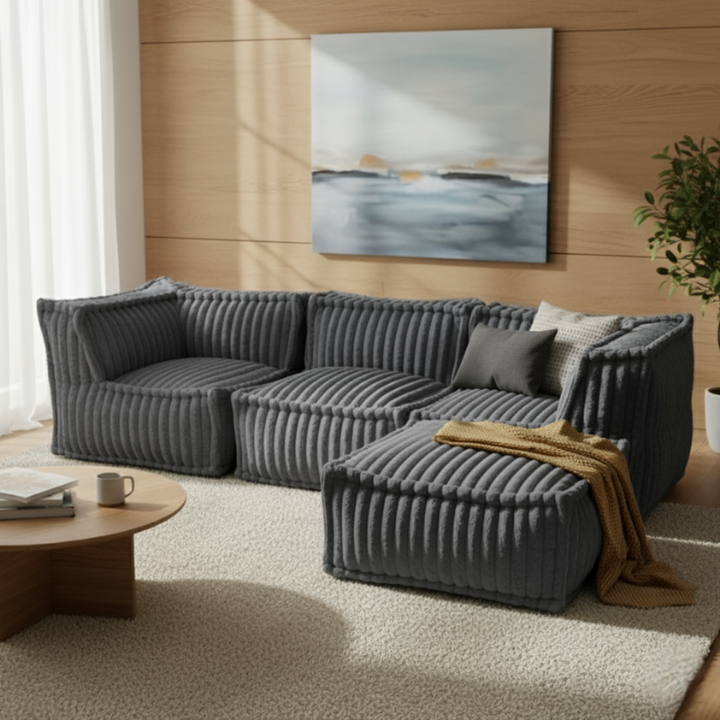 Puf tipo diván para sofá modular - Piel sintética acanalada - 80x60x38 cm